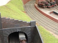 11.  Toadmore tunnel with Ashworth engine yard at the higher level  The Ashworth Branch itself completes one and a half laps of the train room (which is 6.7m x 4.3m).  The line has to tunnel under itself to do this - part of that subterfuge is seen here.  Engine 1528 is actually on the minor line to Cheapside, while the adjacent track is the main line to the fiddle yard.