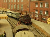 17.  Trains passing at Grimeside station  1204 can be seen on an Up empty cattle train at Grimeside, while MR Johnson 1841 is in charge of the local passenger ex Cheapside.  The track curvature here is down to 1.5m radius but even with reduced side play this hasn’t presented any problems.  The layout is designed such that all curves are normally viewed from inside the curve – this, combined with relatively short engines and coaches makes sharp curves less obvious.